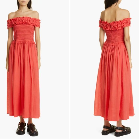 SEA FRIDA OFF THE SHOULDER POPPY MIDI DRESS sz S